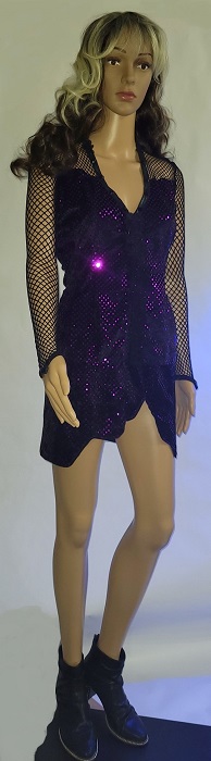 Purple sequin scalloped edge skirt and Jacket with Black Fishnet sleeves, Cosmic Cowgirl Star Singer, Black Cowboy hat