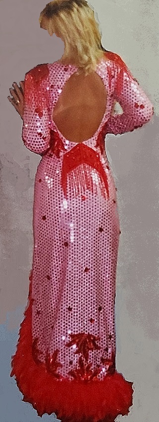 Pink Sequin Red Feathers Glass Beaded Gown